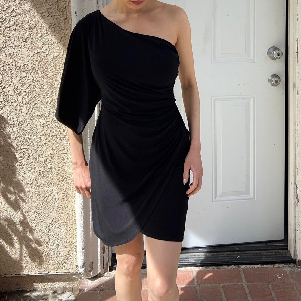 Black one shoulder rouched dress